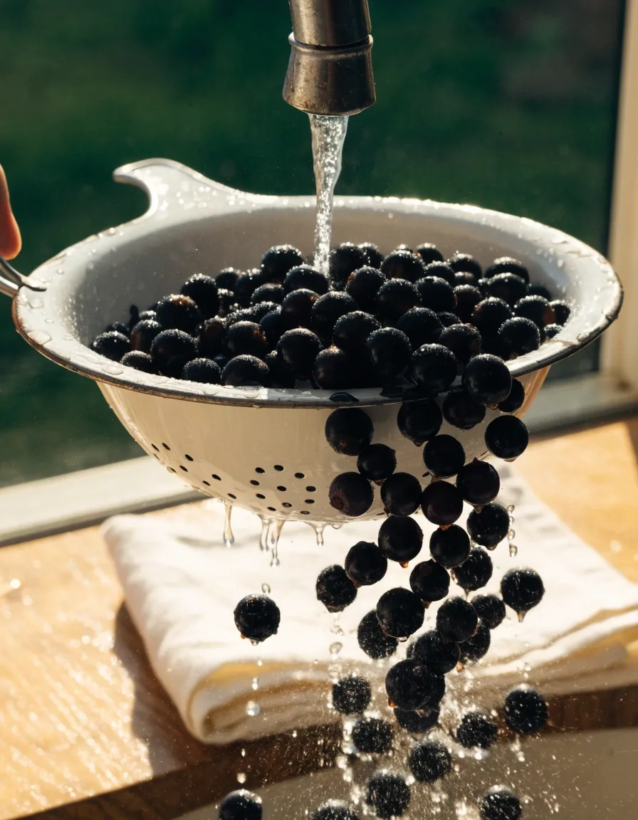 Blackcurrants in a colander being rinsed under running water beside a folded linen cloth