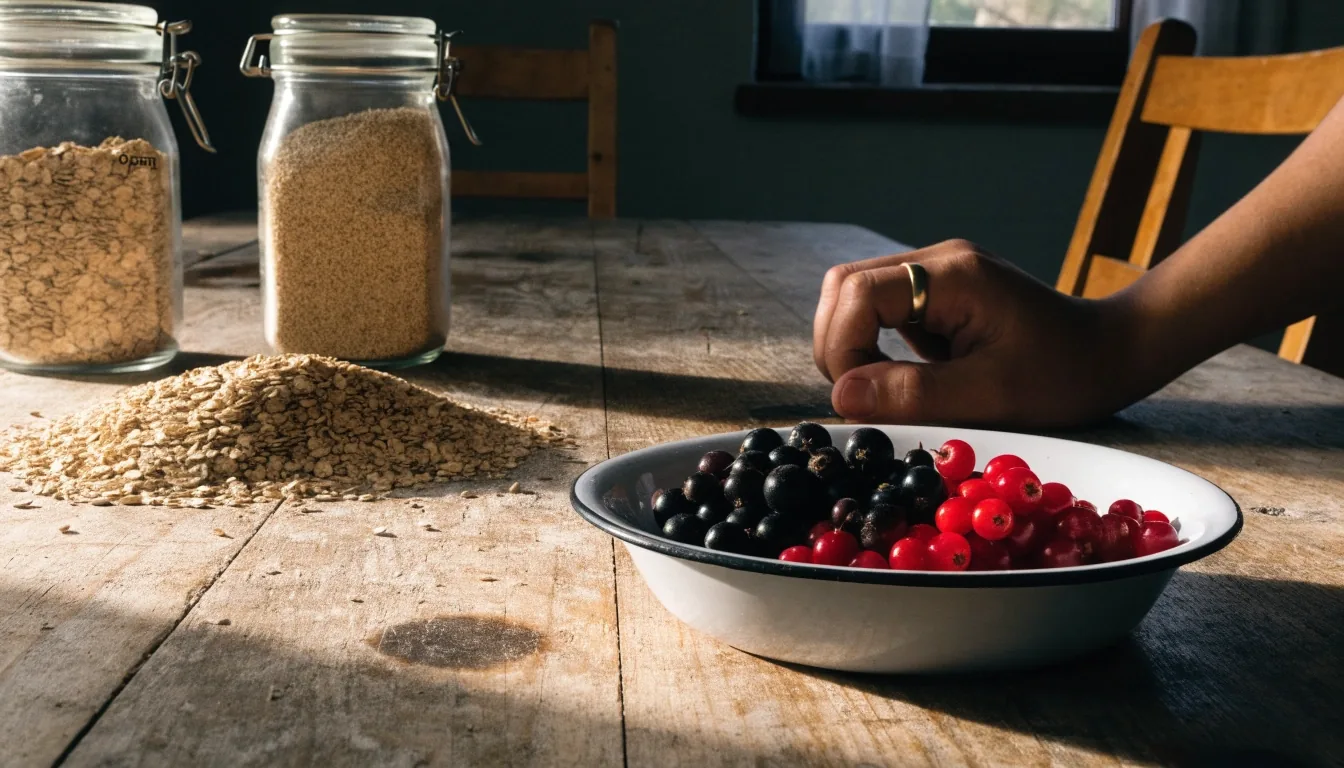 A morning kitchen table with berries in an enamel bowl, jars of oats and rye, and a hand cutting bread in low warm window light