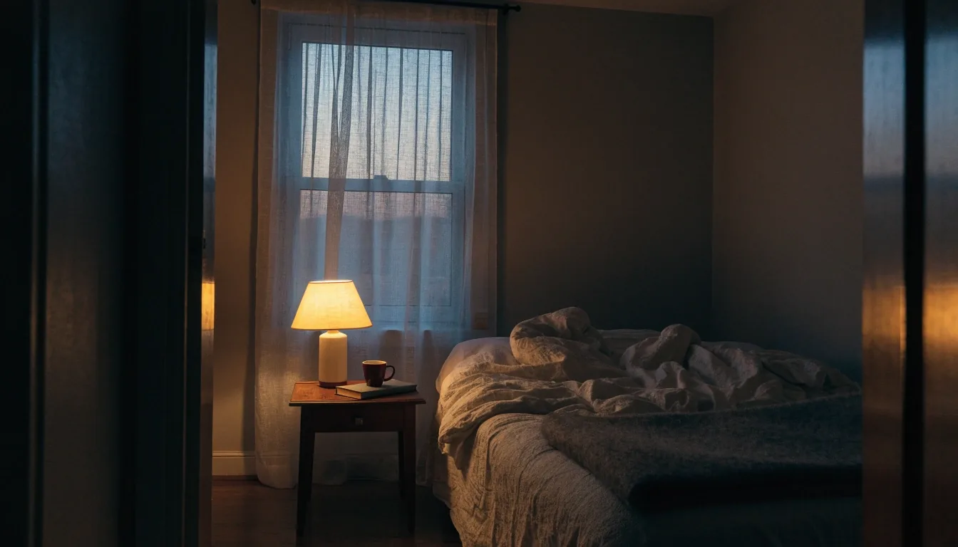 A quiet bedroom at dusk with a warm bedside lamp, unmade linen, and pale evening light at the window